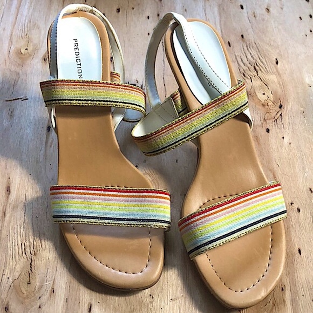 Vintage Rainbow, White and Gold Sparkle Heels Sandals Size 8